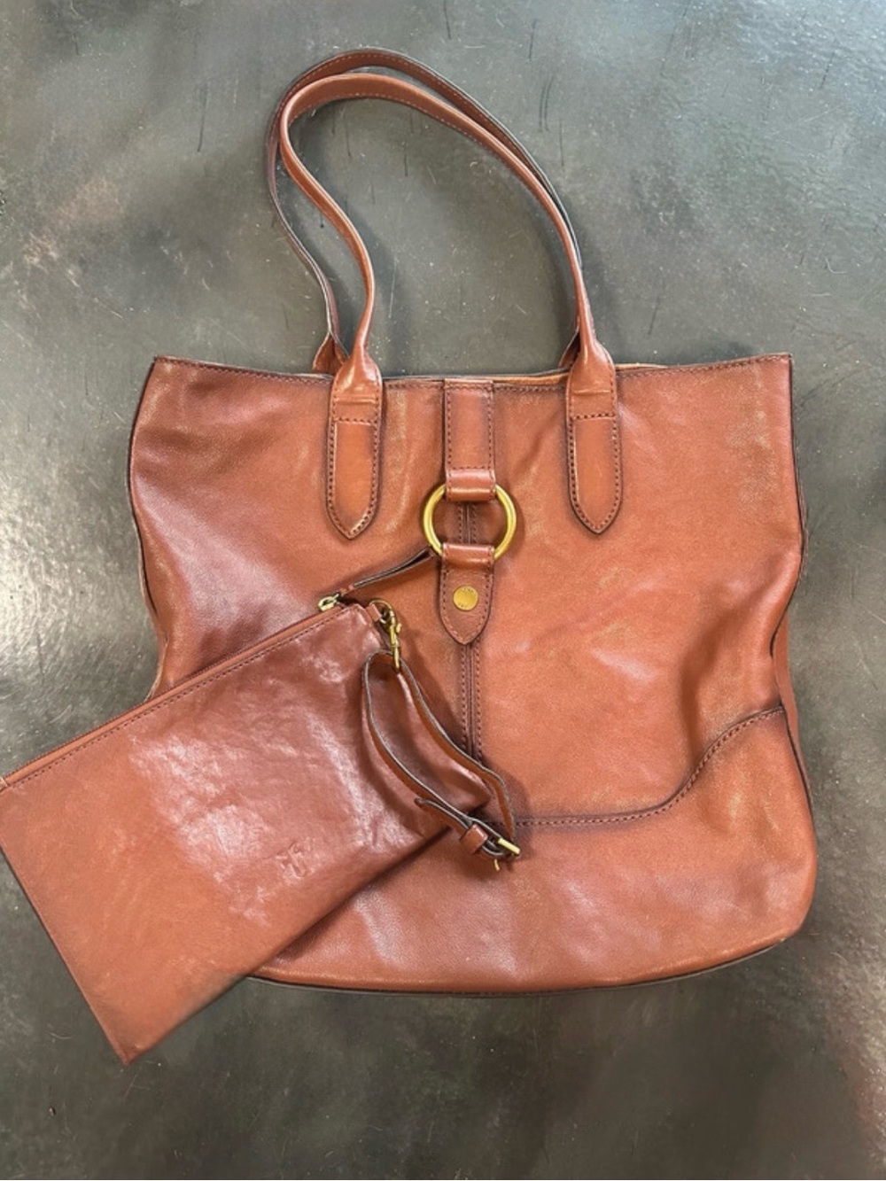 Frey Leather Ring Tote Cognac + Wristlet wallet Cognac New $590